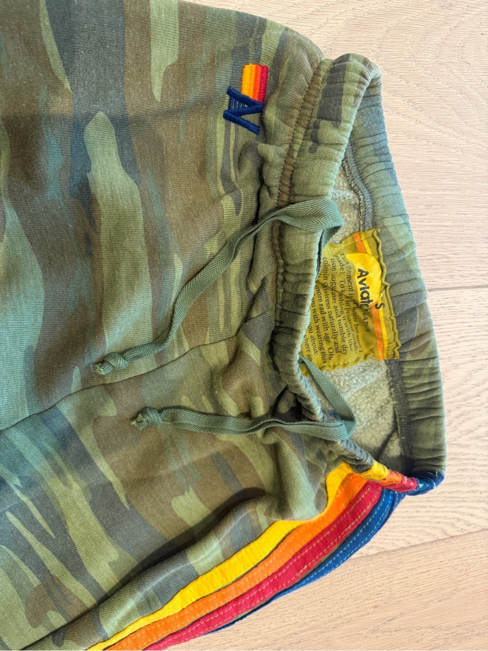 Aviator Nation Olive Camo Track Pants with Rainbow Side Stripes - Picture 5 of 7